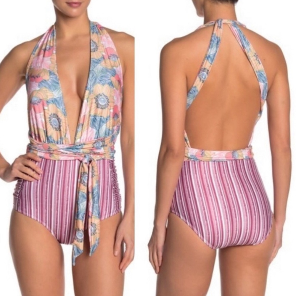 Nicole Miller One Piece Convertible Swimsuit w/Side Ruching in Floral/Stripe
